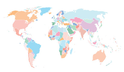  World map on white background. All countries in The World different colors. Can use for printing, website, presentation element, textile. World map vector illustration, high-resolution, travel.