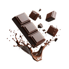 Delicious dark chocolate bar with pieces and melted chocolate splash