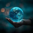 © PorchzStudio - Hand Holding Vibrant Blue Earth Globe Symbolizing Global Environmental and Sustainability