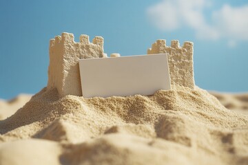 Wall Mural - A white card is placed on top of a sand castle