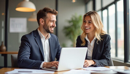 Happy professional business man and woman working on laptop at office meeting, two busy colleagues working together having conversation on project, discussing business plan at office 