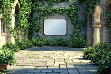 A large white board is hanging on a wall in a courtyard