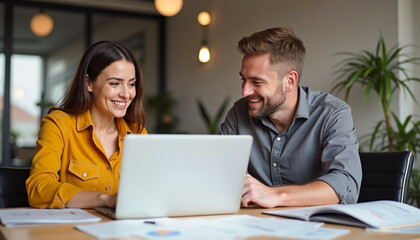 Happy professional business man and woman working on laptop at office meeting, two busy colleagues working together having conversation on project, discussing business plan at office 