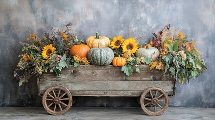 Poster - A wooden wagon filled with pumpkins and sunflowers