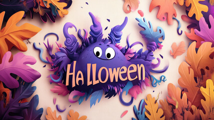 Canvas Print - A purple and orange halloween sign surrounded by leaves