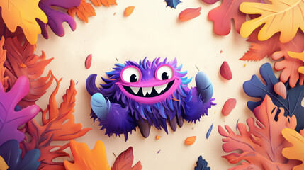 Wall Mural - A purple and blue monster surrounded by leaves