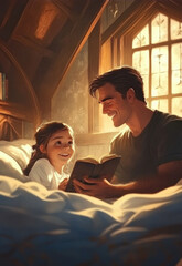 Poster - A man and a girl reading a book on a bed