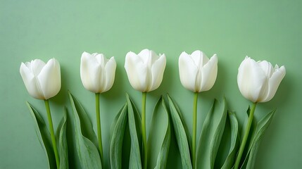 Wall Mural - Five White Tulips Aligned on a Green Background