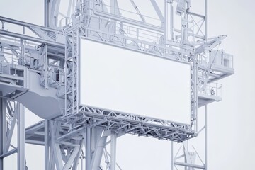 large white sign is suspended from a crane