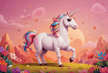 Cartoon illustration of a unicorn with a colorful tail and mane