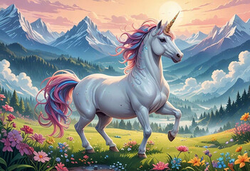 Cartoon illustration of a unicorn with a colorful tail and mane