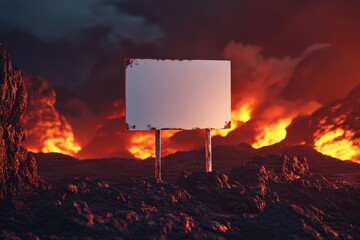 A white sign is in the middle of a rocky, lava-filled landscape