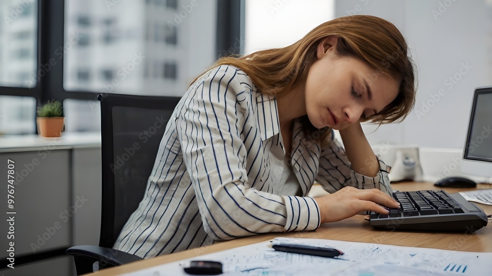 Exhausted woman sleeping at her office desk. A woman gets tired from ...