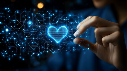 A digital representation of a glowing heart symbol created with holographic technology and human interaction.