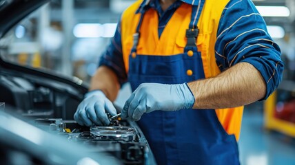 A worker conducting visual inspection of automotive parts, wearing blue gloves and colorful uniform, showcases attention to detail and professionalism in workshop environment