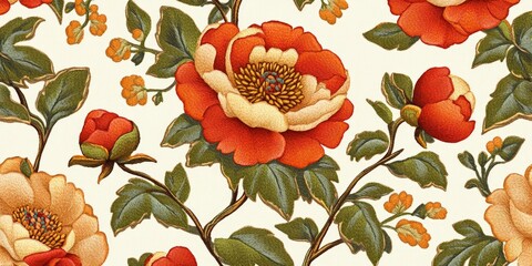 Wall Mural - A vibrant floral pattern featuring lush red and orange peonies with green leaves. Ideal for fabric designs, wallpapers, and home decor. This classic style brings warmth and beauty. AI