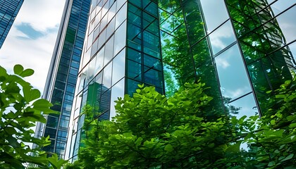 Canvas Print - Urban Oasis: Glass Skyscraper Facade Reflecting Lush Greenery in the Intersection of Development and Nature, Highlighting ESG Principles and Impact Investing