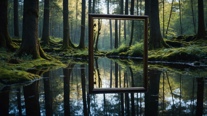 Poster - Enchanted mirror reflecting a hidden magical landscape in a forest