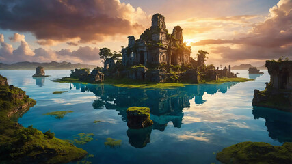 Sticker - Floating islands suspended in a glowing sky with magical ruins