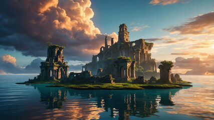 Wall Mural - Floating islands suspended in a glowing sky with magical ruins