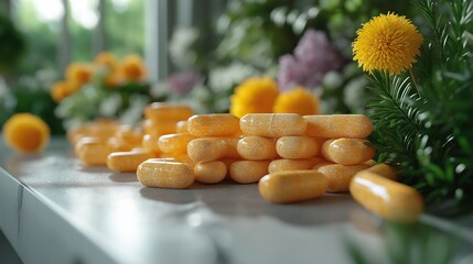 Bright Yellow Capsules Stacked on a Surface with Vibrant Floral Background for Health Supplements and Wellness Concept