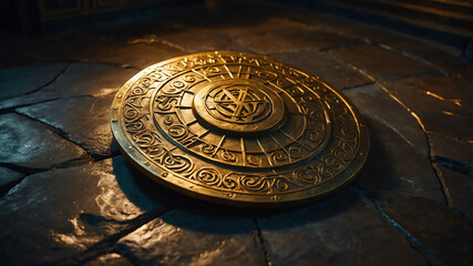 Golden enchanted shield resting on a stone floor with glowing runes