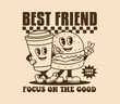 © Trisna - Best Friends Forever slogan featuring cartoon characters of coffee and burger in a retro style. Ideal for stickers, posters, and prints. Vector illustration