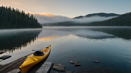 Wall Mural - Kayak tied up on a dock overlooking a misty lake