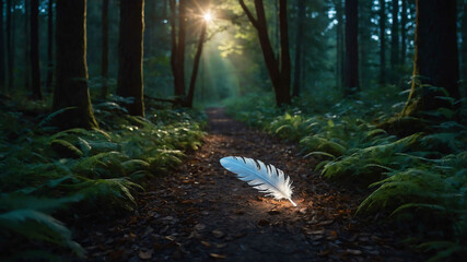 Poster - Magical glowing feather floating above an enchanted forest path