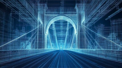 Wall Mural - high-tech bridge layout displayed in a complex 3d wireframe architectural blueprint