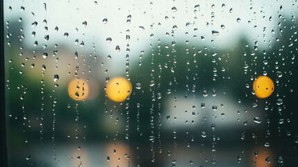 Rain dropped on the window with traffic lights in the evening time.