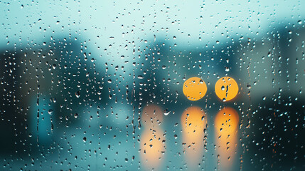 Rain dropped on the window with traffic lights in the evening time.