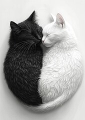 Two cats, one black and one white, curled together peacefully.