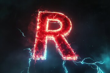 The letter R is in red and blue with a lot of sparks