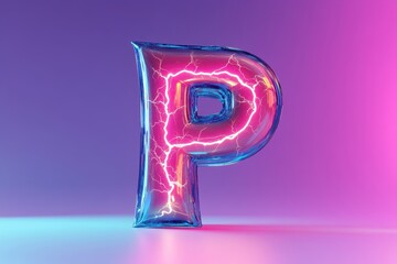 A neon pink letter P is lit up with a blue glow