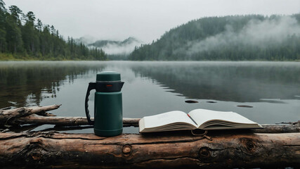 Wall Mural - Thermos and notebook placed on a log near a misty lake