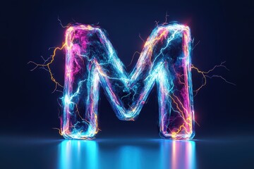 The letter M is glowing with bright colors