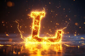 The letter L is lit up in a fiery glow, creating a dramatic