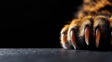 close-up of a tiger's claw with sharp nails, showcasing its powerful and fierce nature against a dar