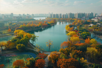 Poster - Red trees by the lake in autumn