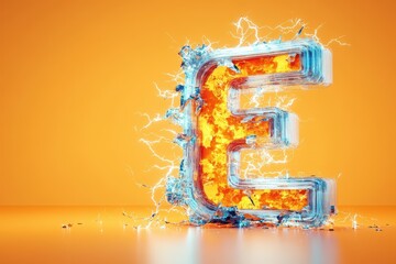 Wall Mural - The letter E is made of fire and water, with a bright orange background