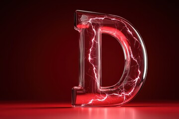 The letter D is made of glass and has a red background