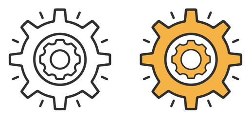 Two cogwheel stroke icons with different designs, one having a plain outline and the other filled with yellow in a simple style.