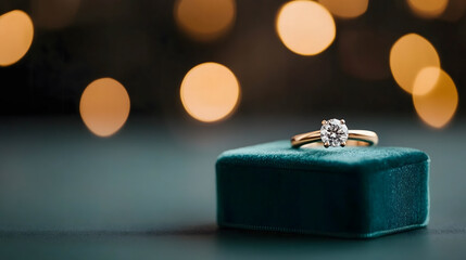 Luxurious velvet case with a diamond ring, with a blurred background.