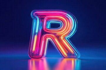 Wall Mural - The letter R is glowing in neon colors and is surrounded by a blue background