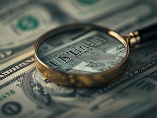 Artistic closeup of a magnifying glass focusing on the word  United States  from a dollar bill, stock market volatility indicators surrounding