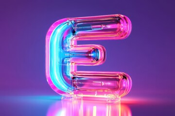 Wall Mural - The letter E is made of neon lights and is glowing in a purple hue