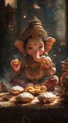 Wall Mural - young Lord Ganesha is eating his favorite sweet, modak. Show him with a blissful expression