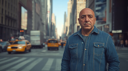 Poster - middle-age man with a jeans shirt walking the streets in a big city