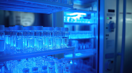 Laboratory Shelves Illuminated by Blue Light with Medical Vials